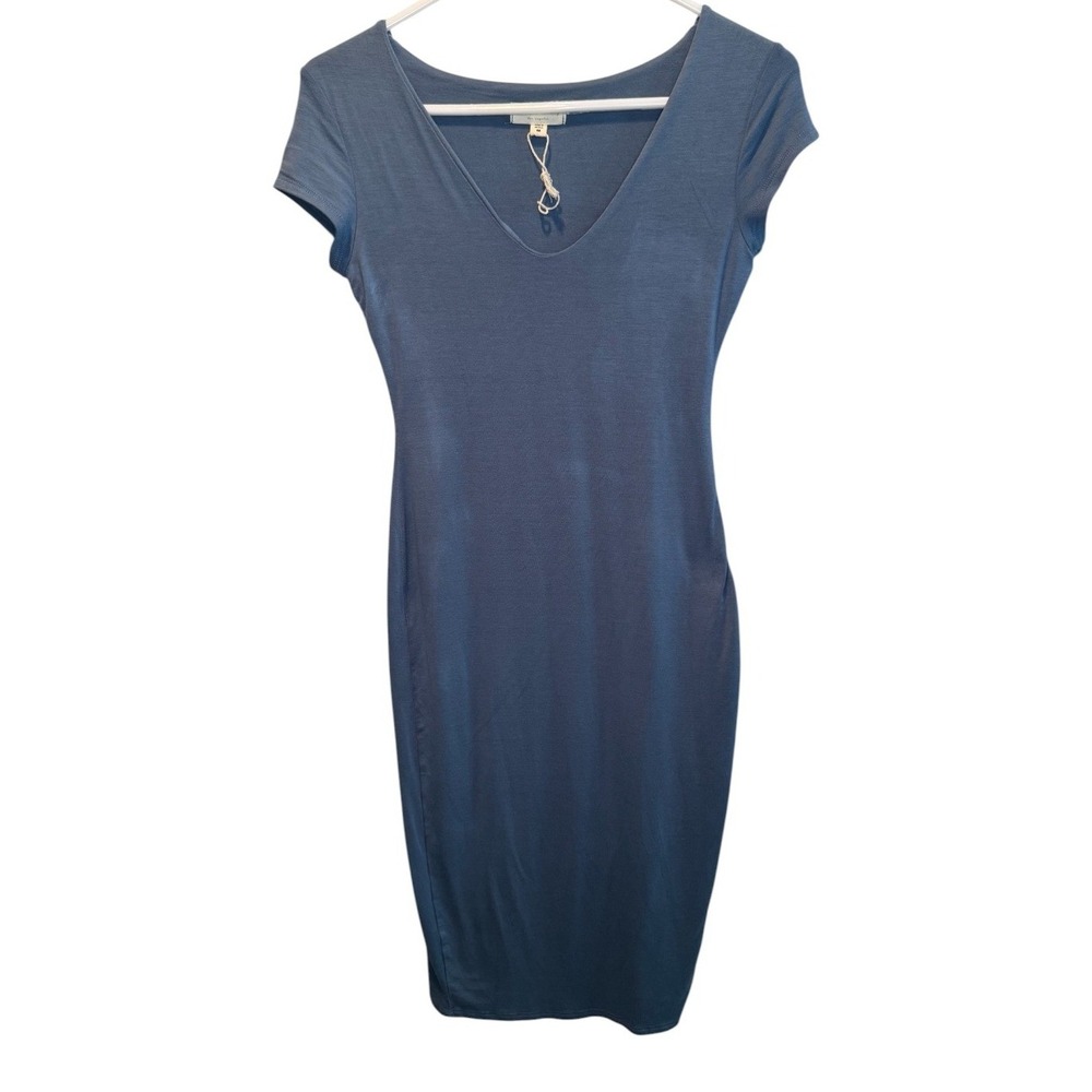 See You Monday Womens Blue Bodycon V-Neck Cap Sleeve Knit Midi Dress M Stretch